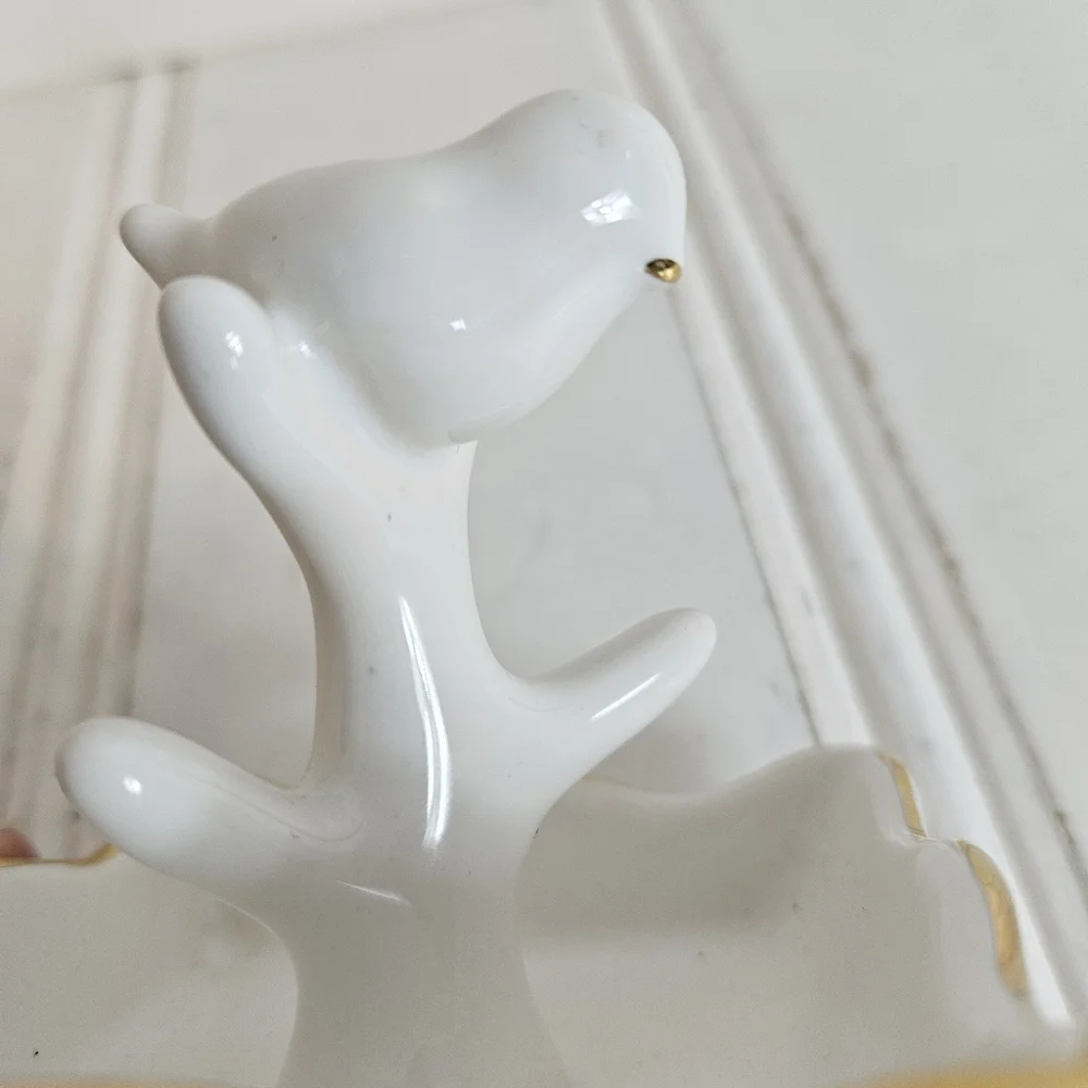White Ceramic Bird Ring Holder Gold Trim Jewelry Dish Vanity Decor